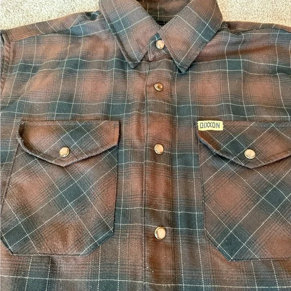 Dixxon Calico flannel shirt, brown and black plaid button-up medium guc - Picture 10 of 12